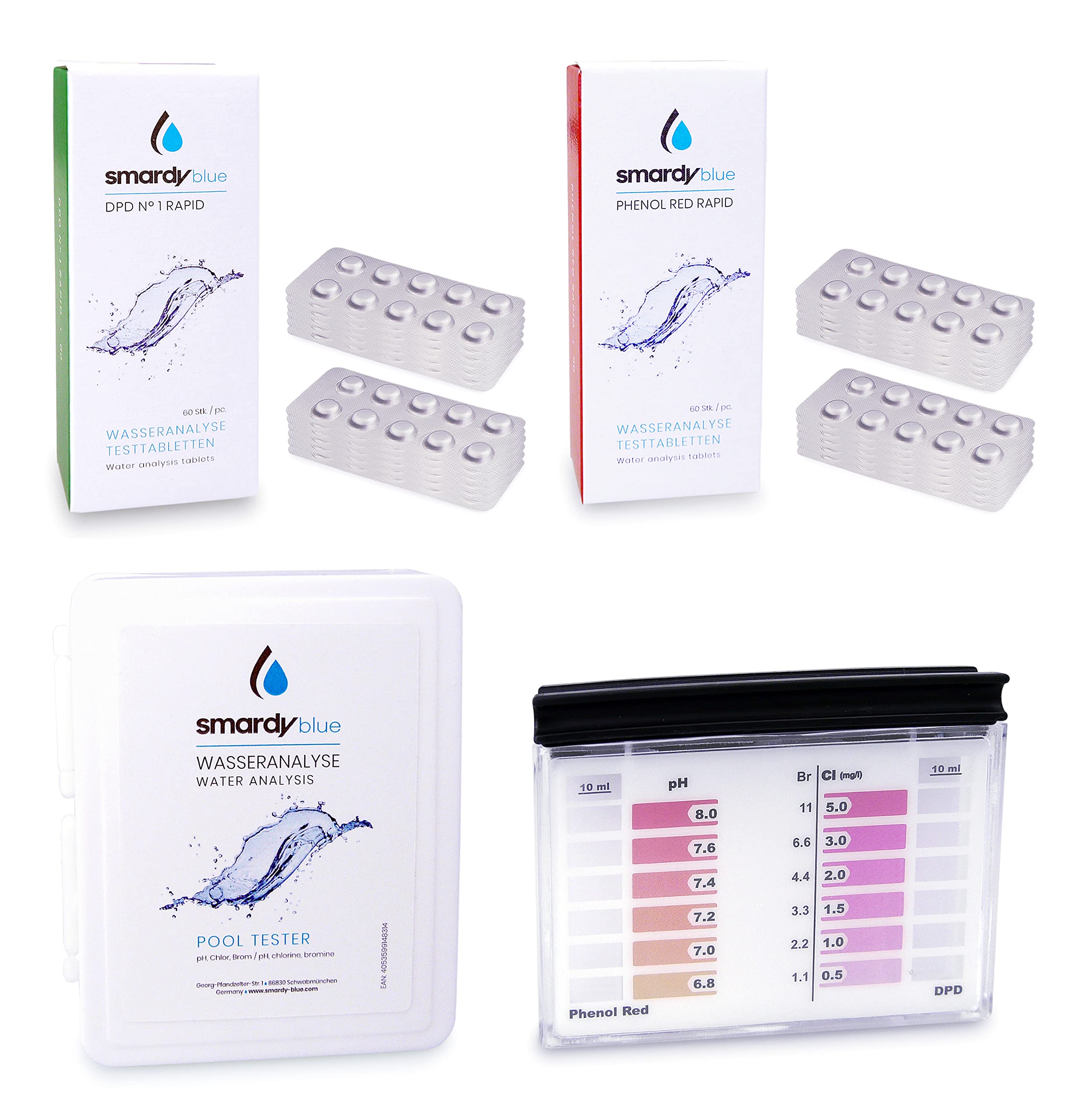 SMARDY Pooltester Testkit - 240 Testtabletten Rapid für pH-Wert/Freies Chlor/Brom, Reagenzbehälter, Aufbewahrungsbox