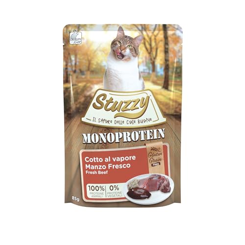 Stuzzy, Monoprotein Grain & Gluten Free, komplettes Nassfutter für Erwachsene Katzen mit Rind, in Paste - (20 Beutel à 85 g)