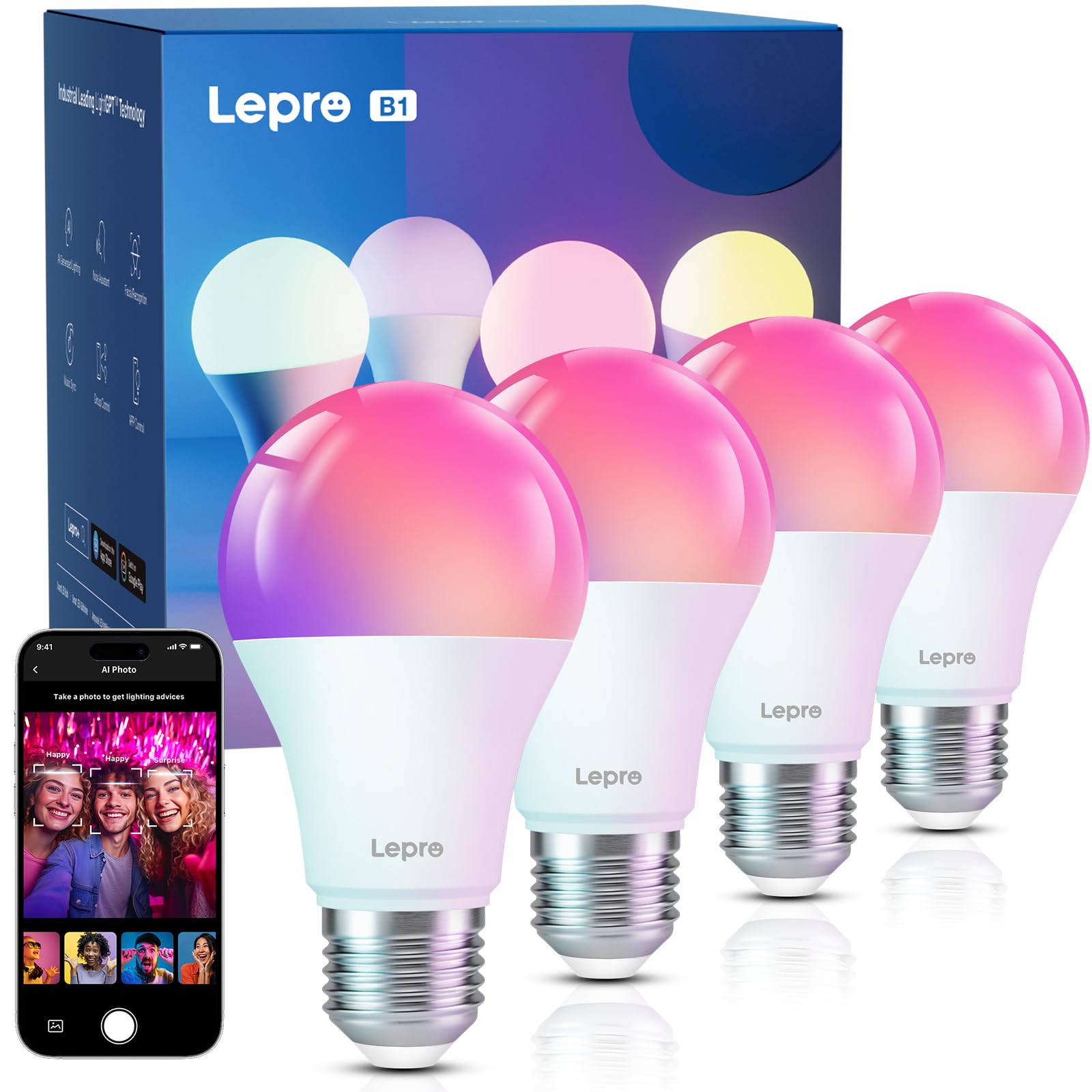 Lepro LED Alexa Lampe E27, Smart Glühbirne B1 Musik Sync, Sprachsteuerung&Emotionserkennung, RGBCCT 806lm nur 2,4GHz WLAN Birne, Kompatibel mit Alexa Echo&Google Assistant, kein Hub,4 Stück