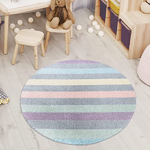 carpet city Teppich Kinderzimmer - Jugendzimmer-Teppich - 160 cm Rund - Multi - Modern Streifen-Muster - Runder Kinderteppich Kurzflor - Moderner Teenager-Teppich