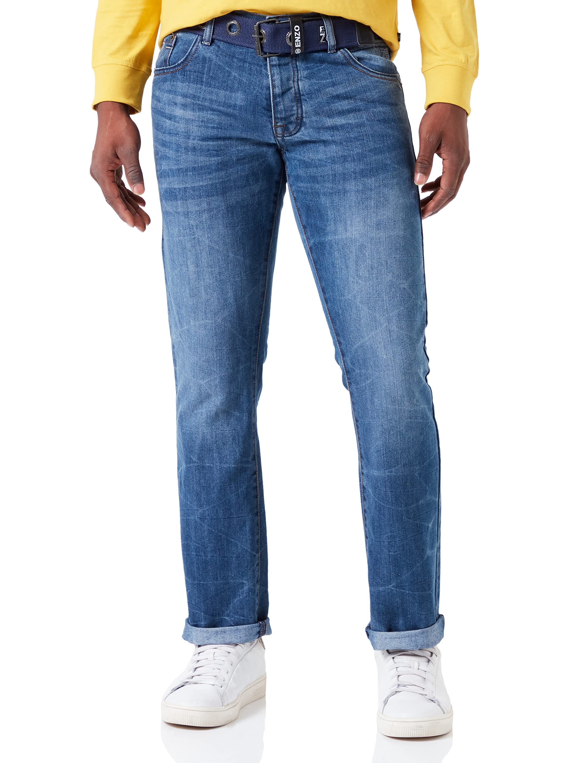 Enzo Herren Ez384 Straight Jeans, Blau (Mid Stonewash MSW), 38W / 34L