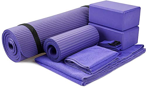 BalanceFrom GoYoga 7-teiliges Set – inklusive Yogamatte mit Tragegurt, 2 Yoga-Blöcken, Yogamatten-Handtuch, Yoga-Gurt und Yoga-Knieschoner (lila, 1,27 cm dicke Matte)