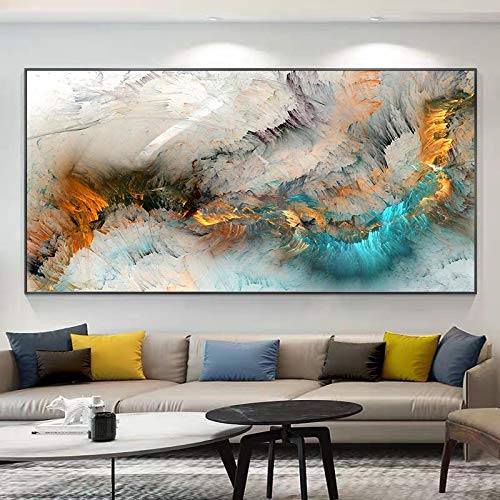 Zhaoyang Art Hellgrau, Gold, Blau, bunte Wolken, Poster und Drucke, Leinwandgemälde, Druck, abstrakte Wandkunst für Wohnzimmer, Heimdekoration, 60 x 140 cm/24 x 55 Zoll, mit schwarzem Rahmen