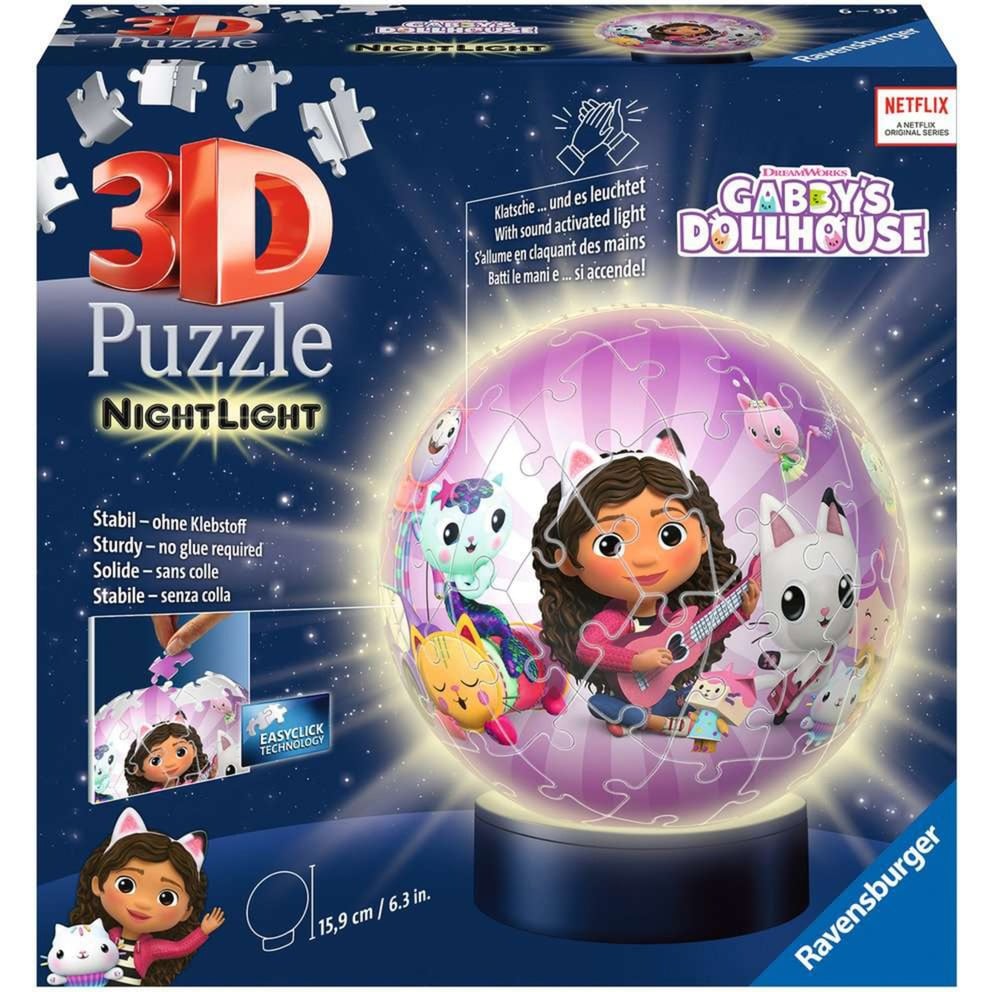 Ravensburger Puzzle 11575 Ravensburger 3D 11575-Nachtlicht Puzzle-Ball Dollhouse-72 Teile-für Gabby's Dollhouse Fans ab 6 Jahren, LED Nachttischlampe mit Klatsch-Mechanismus