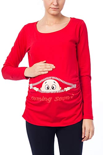 Coming Soon - Lustige witzige süße Umstandsmode Umstandsshirt Sweatshirt Schwangerschaftsshirt mit Motiv für die Schwangerschaft, Langarm (Rot, Medium)