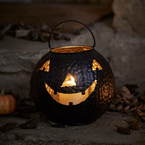 Lights4fun Schwarzer Kürbis Außen mit TruGlow® LED Kerze Halloween Deko Außen mit Timer batteriebetrieb Innen und Außen Halloween Laterne