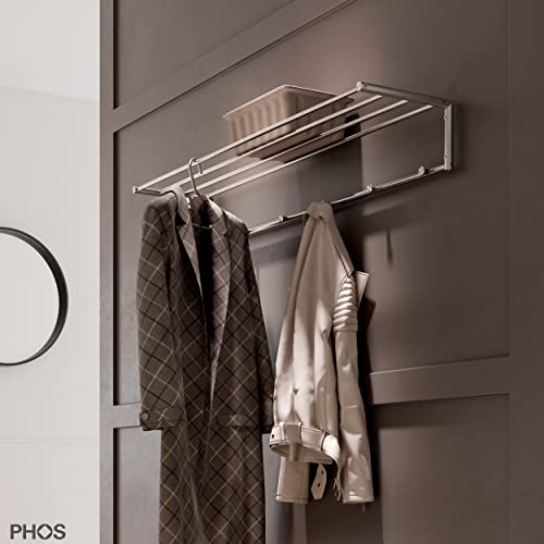 PHOS Design, G17-1000, 100 cm breite Edelstahl-Wandgarderobe mit 4 Kleiderstangen und Kleiderhaken