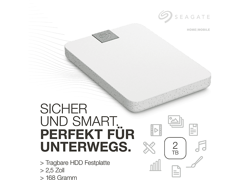 SEAGATE Ultra Touch HDD tragbare Festplatte, 2 TB HDD, 2,5 Zoll, extern, Cloud White