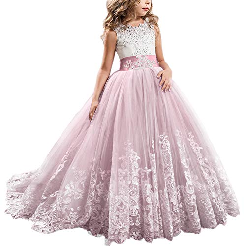 IBTOM CASTLE Blumenmädchen Festkleider Kleid Lang Brautjungfern Hochzeit Festlich Kleidung Festzug #1 Rosa 12-13 Jahre