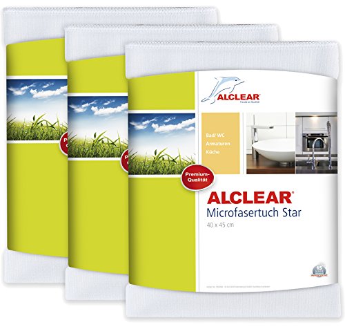ALCLEAR 950006_3 3-er Set Microfasertuch Star Spezialtuch für Bad und Küche, entfernt Kalkränder, 40 x 45 cm, weiß