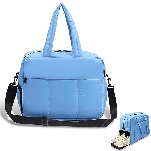 Travel Puffer Duffel Tote Bag, Travel Duffel Bag for Women Men, Gym Bag with Shoe Compartment, Dry Wet Separation Bags, for Sports, Yoga, Travel (Blue)