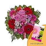 Dominik Blumen und Pflanzen, Blumenstrauß "Falling in Love" mit Rosen, Gerbera und Freesien und Grußkarte "Geburtstag"