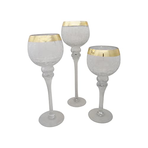 3tlg. Glaskelch Windlicht Set H40/35/30cm Crackle Glas mit goldenem Rand Kelch auf Fuß Kerzenhalter Kerzenständer Kerzenleuchter in 3 verschiedenen Designs 221