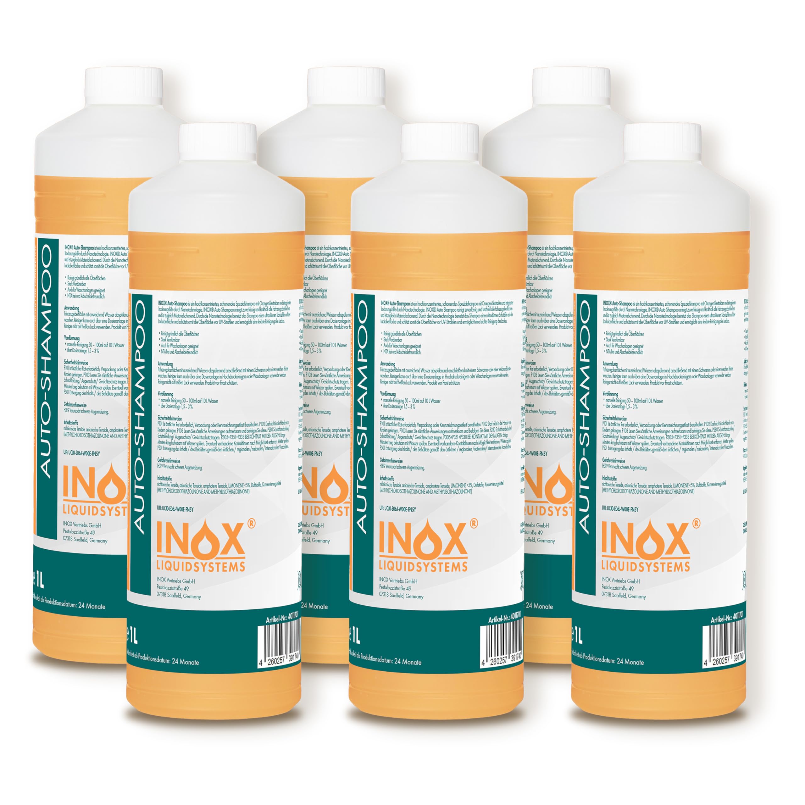 INOX® - Nano Line Autoshampoo Konzentrat 6x1L | Autoreiniger für PKW, LKW, Wohnmobil und Motorrad | Autoshampoo für Hochdruckreiniger | Sanfte Reinigung