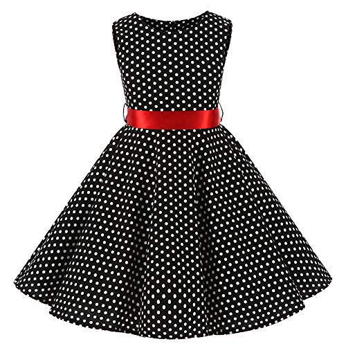 SXSHUN Mädchen Retro Vintage Rockabilly Kleid Partykleider Cocktailkleider Im 50er-Jahre-Stil, Schwarz + Weiß Punkt, 134/140 (Etikettengröße:140)