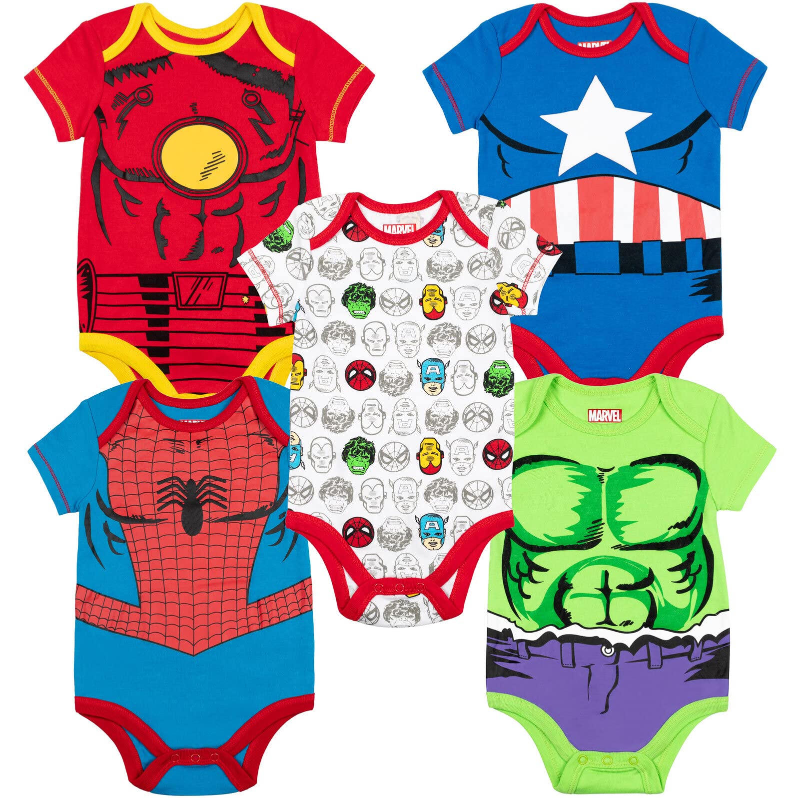 Marvel Baby Boys' 5 Pack Onesies - The Hulk, Spiderman, Iron Man and Captain America (3-6 Months)