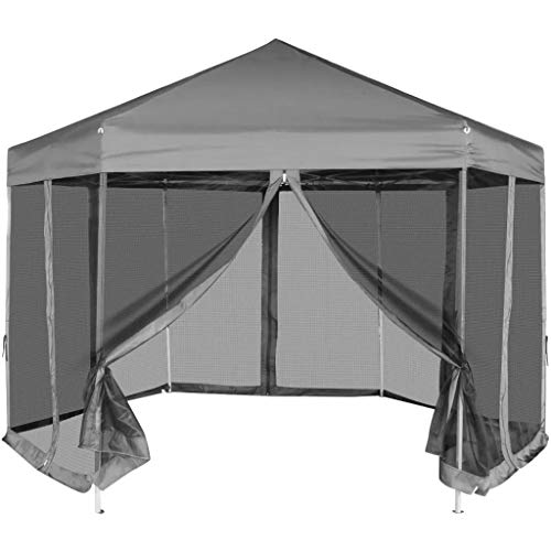 tidyard Sechseckiges Partyzelt Pop-Up Festzelt Faltbar Gartenzelt Garten Pavillon 3,6 x 3,1 m Faltpavillon mit 6 Netz-Seitenw?nde im Freien Sonnenschutz Grau