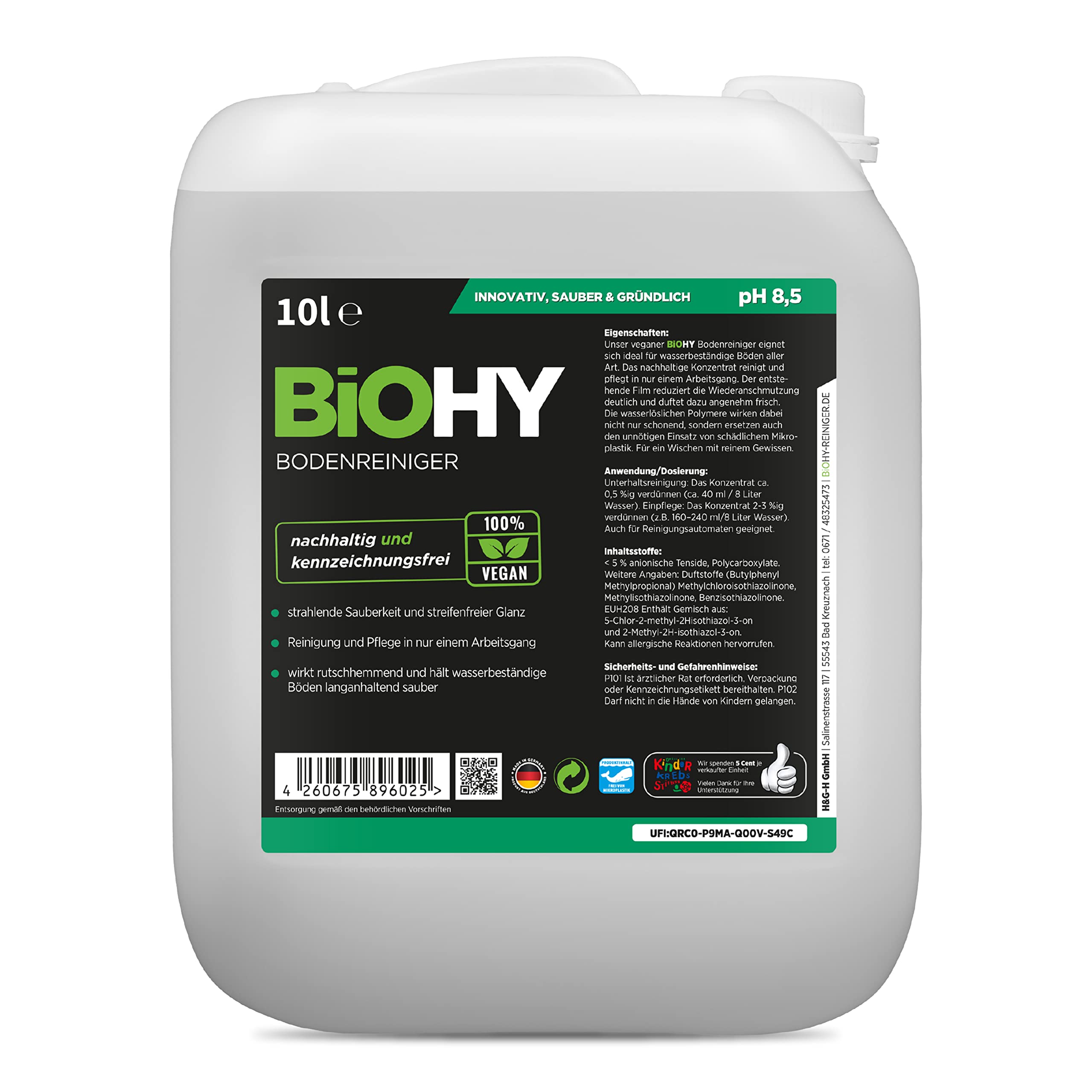 BiOHY Bodenreiniger (10 Liter Kanister) | Konzentrat für alle Reinigungsgeräte und alle Hartböden | angenehmer Geruch und streifenfreie Reinigung | ideal für Laminat, PVC & Stein