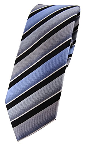 TigerTie schmale Designer Seidenkrawatte in grau blau schwarz silber gestreift - Krawatte 100% Seide
