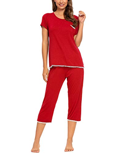 MINTLIMIT Damen Kurz Schlafanzug Pyjama Set Streifenhose Hausanzug Sommer Sleepwear (Rot,Größe S)