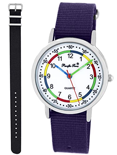 Pacific Time Lernuhr Mädchen Jungen Kinder Armbanduhr 2 Armband violett + schwarz analog Quarz 11017