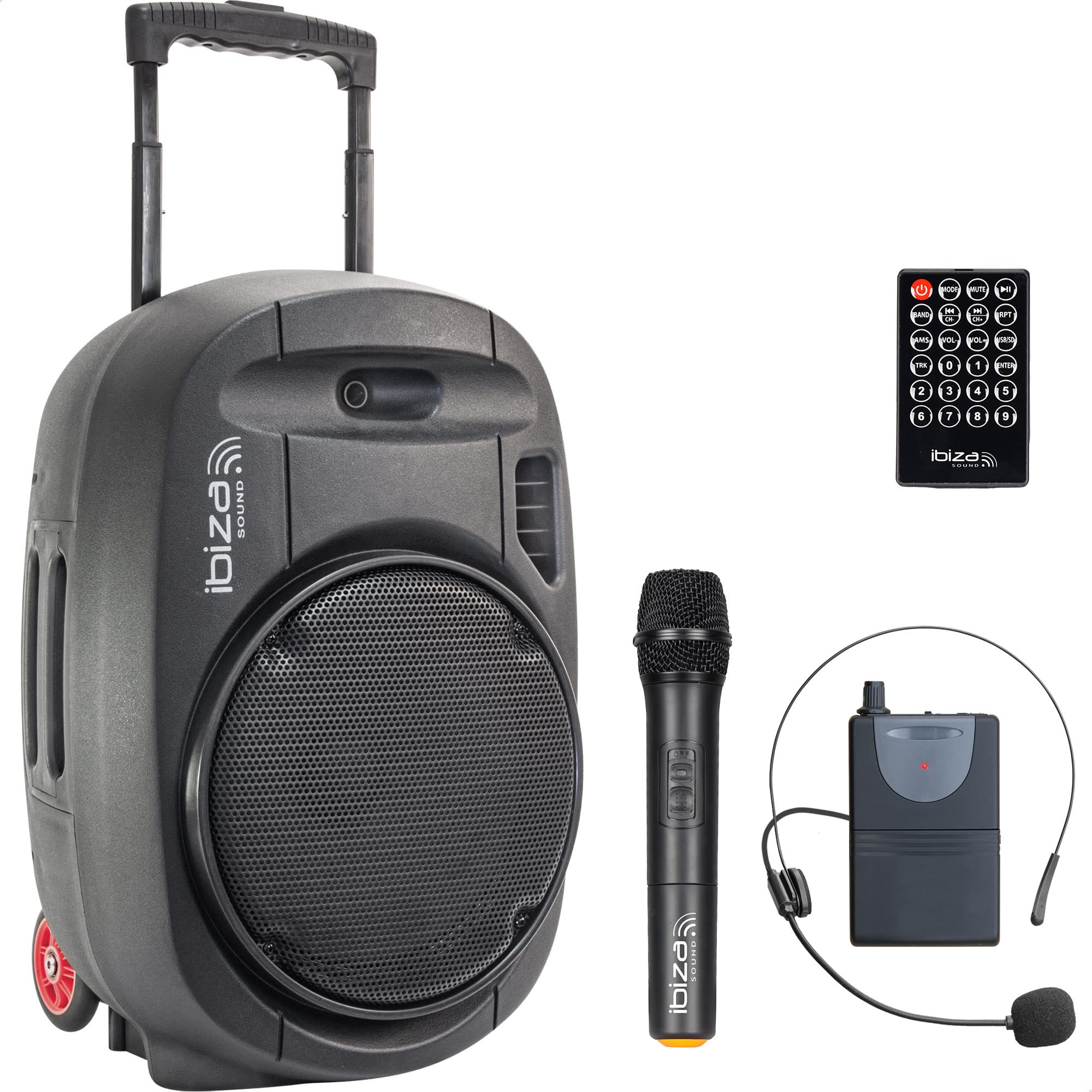 PORT12UHF-MKII - IBIZA - Tragbarer Lautsprecher 12"/700W MAX mit 2 Mikrofonen (UHF), Fernbedienung und Schutzhülle - Bluetooth, USB, SD - 5-7 Std. Wiedergabezeit.