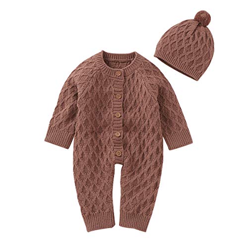 Petyoung Neugeborenes Strickpullover Strampler Langarm Jumpsuit Outfit mit Warmem Hut Set