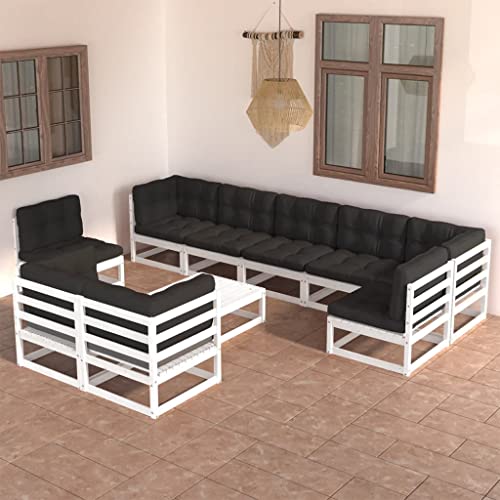 WHOPBXGAD terrassenmöbel,balkonmöbel Kleiner Balkon,Tisch klappbar,10-TLG. Garten-Lounge-Set mit Kissen Kiefer Massivholzterassenmöbel außen,balkonmöbel Set,glasplatte Tisch,