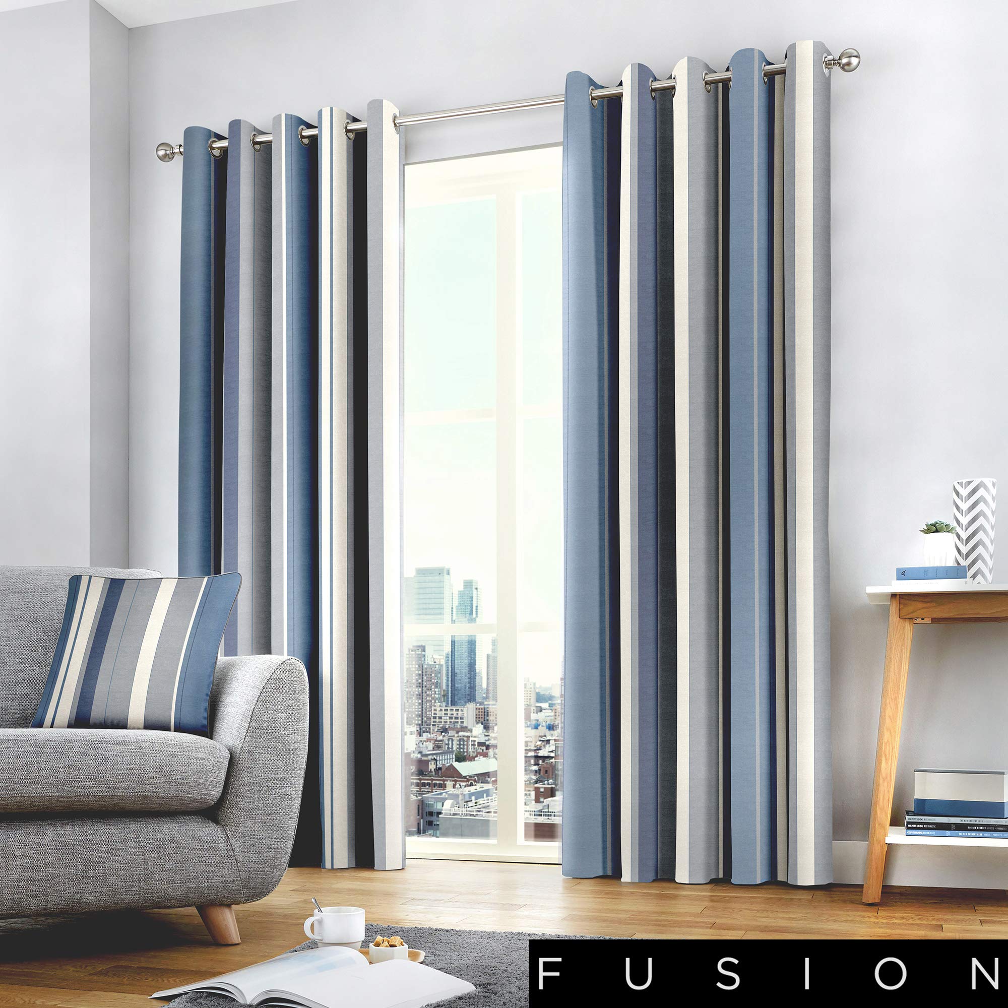 Fusion Whitworth Stripe Vorhänge mit Ösen, gestreift, 100% Baumwolle, 168 x 183 cm, 1 Paar Übergardinen, Blau