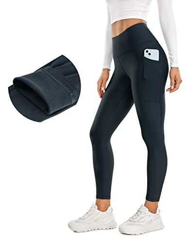 CRZ YOGA Damen Thermo Leggings mit Taschen High Waist Fleece Sport Yoga Leggins Warm Sporthose - 64/71cm Echte Marine 38