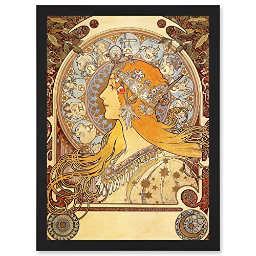 Alphonse Mucha Zodiac 1896 Art Nouveau Orange Gold Painting Artwork Framed A3 Wall Art Print Tierkreis Jugendstil Bild Mauer