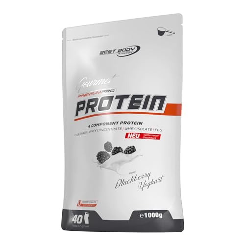 Best Body Nutrition Gourmet Premium Pro Protein, Blackberry Yoghurt, 4 Komponenten Protein Shake: Caseinat, Whey Konzentrat, Whey Isolat, Eiprotein, 1 kg Zipp Beutel