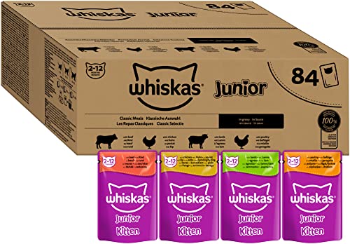 Whiskas Katzennassfutter Junior Klassische Auswahl in Sauce, 84x85g (1 Großpackung) – Ausgewogenes Feuchtfutter für heranwachsende Katzen von 2-12 Monaten im Portionsbeutel