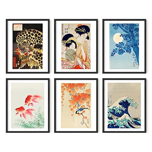Haus and Hues Asian Art Prints Japanische Kunst Wanddekoration – Set mit 6 japanischen Wandkunst, Wellen-Poster, japanische Bilder für Wand ungerahmt (28.9x35.6 cm)