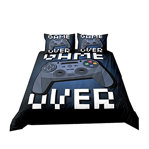 Gamer Bettwäsche Set für Jungen Teen Zipper Bettbezug Grau Blau Lila Geometrisches Blitzdesign Game Control Buttons Polyester Bettbezug und Kissenbezug 50x75 cm (Navy Blau, 200 x 200 cm)