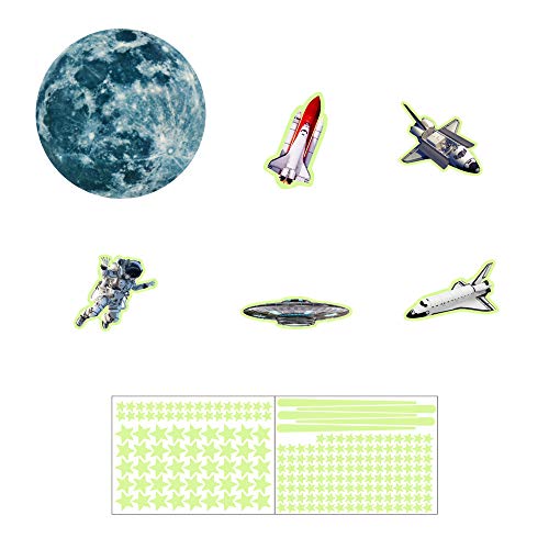 SunshineFace 212-teiliges Set leuchtende Wandaufkleber, leuchtende Mond, Sterne, Raumschiff, Astronaut, Deckenaufkleber, Heimdekoration