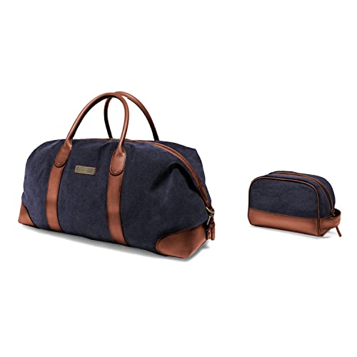 DRAKENSBERG Set/2 Duffel Weekender & Dopp Kit - Vorteilspaket aus großer Reisetasche und passendem Kulturbeutel, Damen und Herren, handgemacht, Canvas und Leder, Marineblau, DR-SET-906