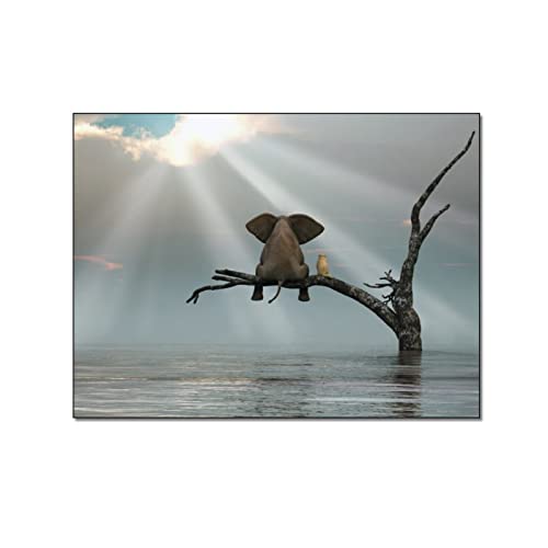 QITEX Bilder Wanddeko Abstrakte Gemälde Wand Dekor Elefant und Hund sitzen auf einem Baum Tiere beobachten das Meer Kunstdruckeraum Leinwand Bild Poster und Kunstdruckee 50x70cm (Kein Rahmen)