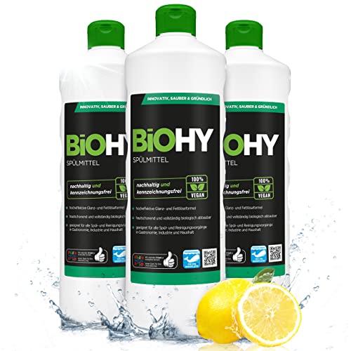 BiOHY Spülmittel (3x1l Flasche) | Frei von schädlichen Chemikalien & biologisch abbaubar | Glanz- & Fettlöseformel | Für Gastronomie, Industrie und Haushalt geeignet