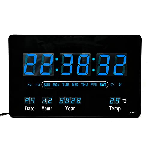 Kompakte LED Wanduhr mit Timer Wecker Schlummer Kalender Temperatur große LED-Anzeige 32x20cm (JH3222) Blau