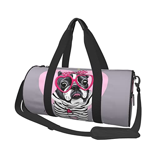Französische Bulldogge mit Herz-Brille, Reisetasche, große Sport-Sporttasche, multifunktionale Übernachtungstasche für Männer und Frauen