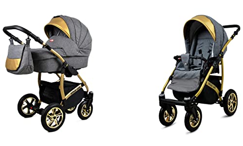 BabyLux Gold Lux 2-in-1 Baby Kinderwagen Tief und Kinderwagen mit Zubehör Verstellbar und faltbar Aluminium Konstruktion Wasserdicht Nicht abnehmbare Räder Flaxen Gold Frame