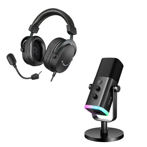 FIFINE USB XLR Streaming Mikrofon und Gaming Headset, Dynamisch Microphone und Over Ear Kopfhörer mit Kabel, für Mixer Soundkarten Podcast Streaming Studio MacOS Windows PS4 PS5 Xbox Switch (AM8+H9)