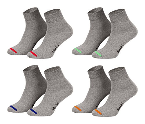 Piarini 8 Paar kurze Socken Kurzsocken Quarter Socken für Damen Herren - dünn ohne Gummibund - grau mit Neonspitze 43-46