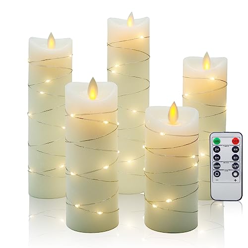 CCLIFE Flammenlose LED Kerzen 3/5er Set mit LED Lichterketten, Timer Funktion Paraffin Echtwachs Kerze flammenlose Batteriebetrieb