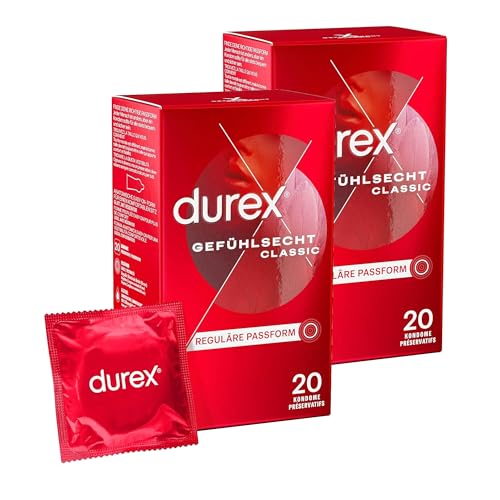 Durex Gefühlsecht Classic Kondome – 40 Hauchzarte Kondome für intensives Empfinden und innige Zweisamkeit - 2 x 20 Stück
