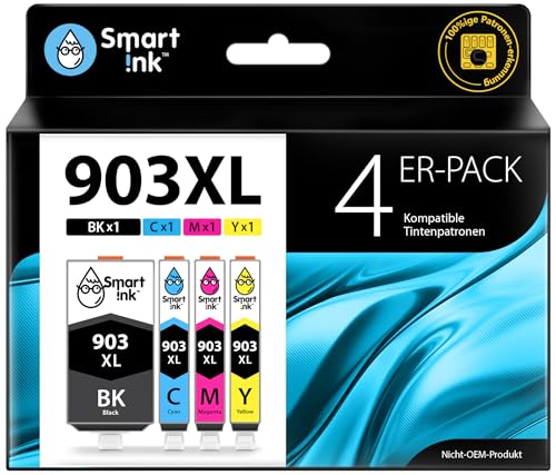Smart Ink kompatible Tintenpatrone als Ersatz für HP 903 XL 903XL 4 Packung (Schwarz XL & Blau/Lila/Gelb XL) für Printern Officejet 6950 Officejet Pro 6960 6970
