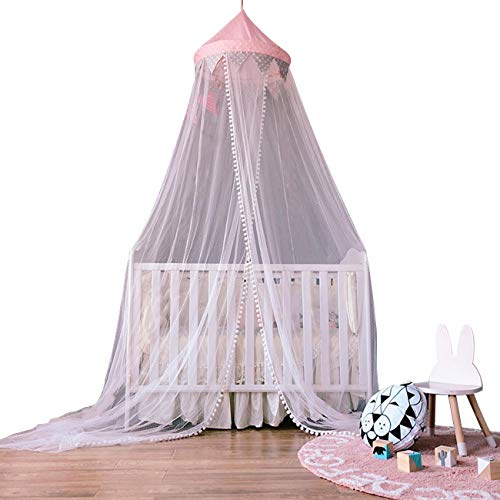Dyna-Living Baby Kids Moskitonetz Princess Bed Canopy 3 Schichten Spitze Rüschen Dome Pink