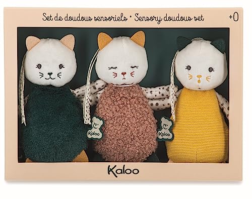 Kaloo - Stimuli – Meine kleine Katze zum Streicheln – Set mit 3 sensorischen Kuscheltieren für Babys – Motorik und Handhabung – 14 cm – ab Geburt K971600
