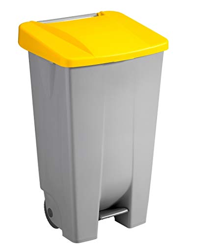 Sunware Basic Abfalleimer 60 Liter - 49 x 38 x 70 cm - mit Rädern/Fußpedal/Handgriff - grau/gelb